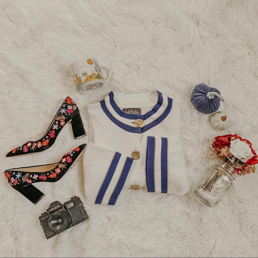 Vintage Grandma White Nautical Cardigan SZ L